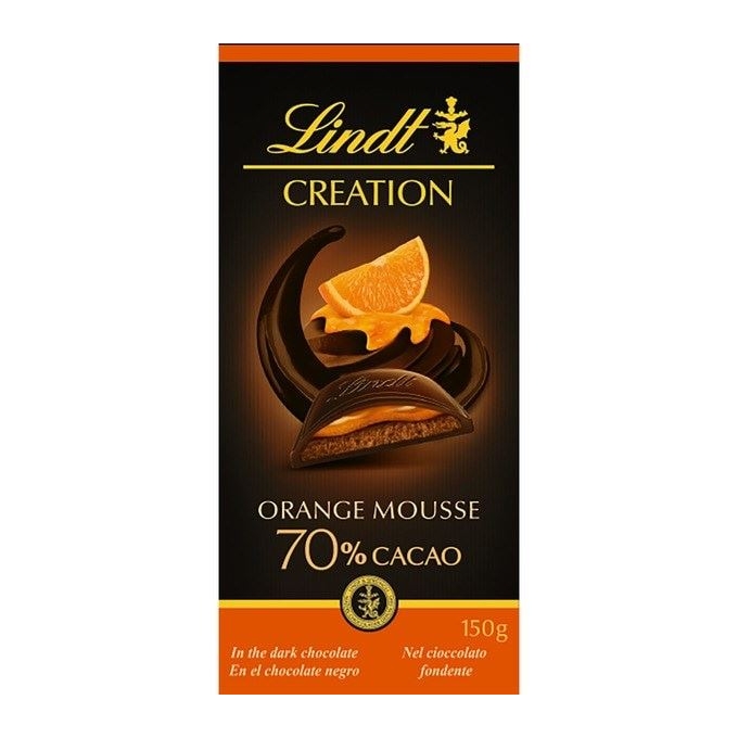 LINDT CREATION Dunkle Schokolade 70% Kakao gefüllt mit Orangenmousse Tafel 150 g