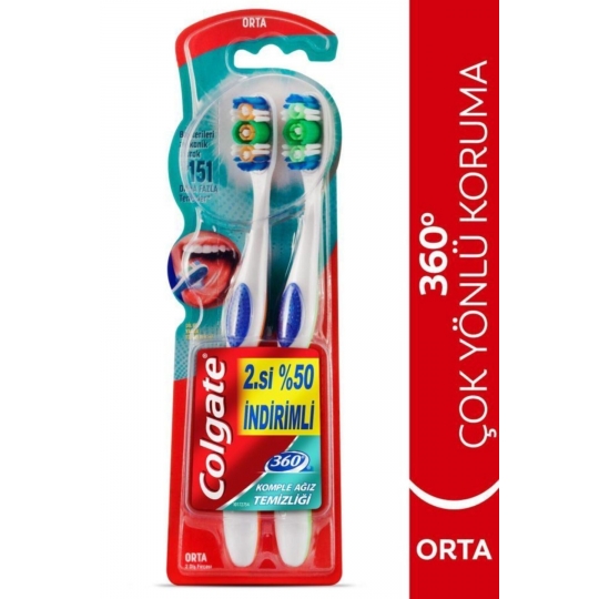 Colgate 360 Komple Ağız Temizliği Çok Yönlü Koruma Orta Diş Fırçası 1+1