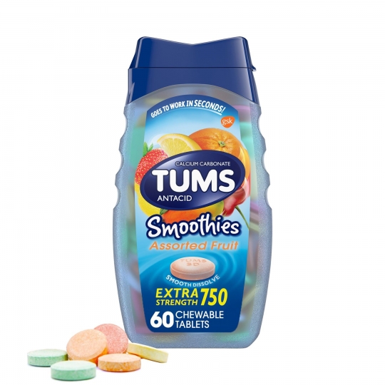 TUMS Smoothies Extra Strength Heartburn Relief Antacid Tablets, Fruit, 60 Count