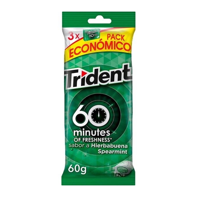 TRIDENT 60 Minutes of Freshness Zuckerfreie Kaugummis Minzgeschmack 3er-Pack Verpackungen 60g