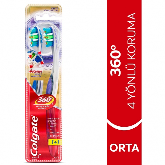 Colgate 360 Gelişmiş Komple Ağız Sağlığı Orta Diş Fırçası 1+1  