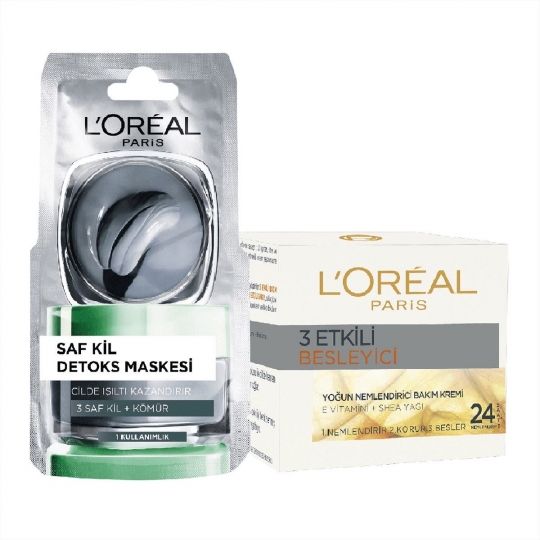 L'Oreal Paris Nemlendirici Krem 3 Etkili 50 ml ve Yüz Maskesi Saf Kil Tek Kullanımlık Set